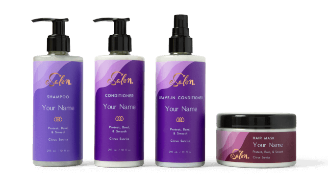 Custom shampoo, conditioner, leave-in, and hair mask by eSalon.